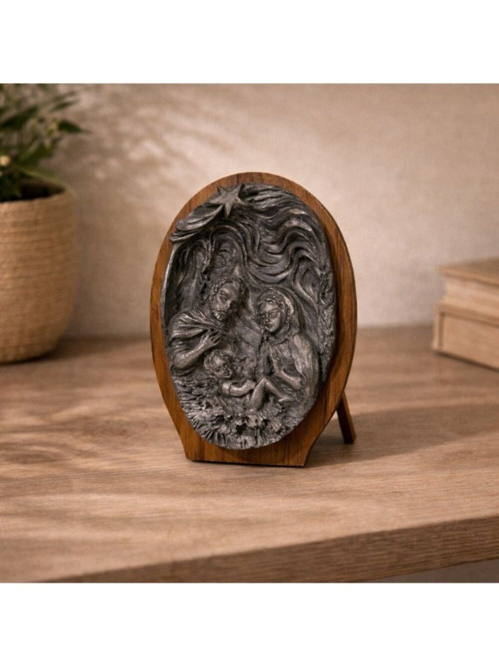 Lavorazione Artistica Pewter Nativity Scene Plaque Italy Wood Easel Stand